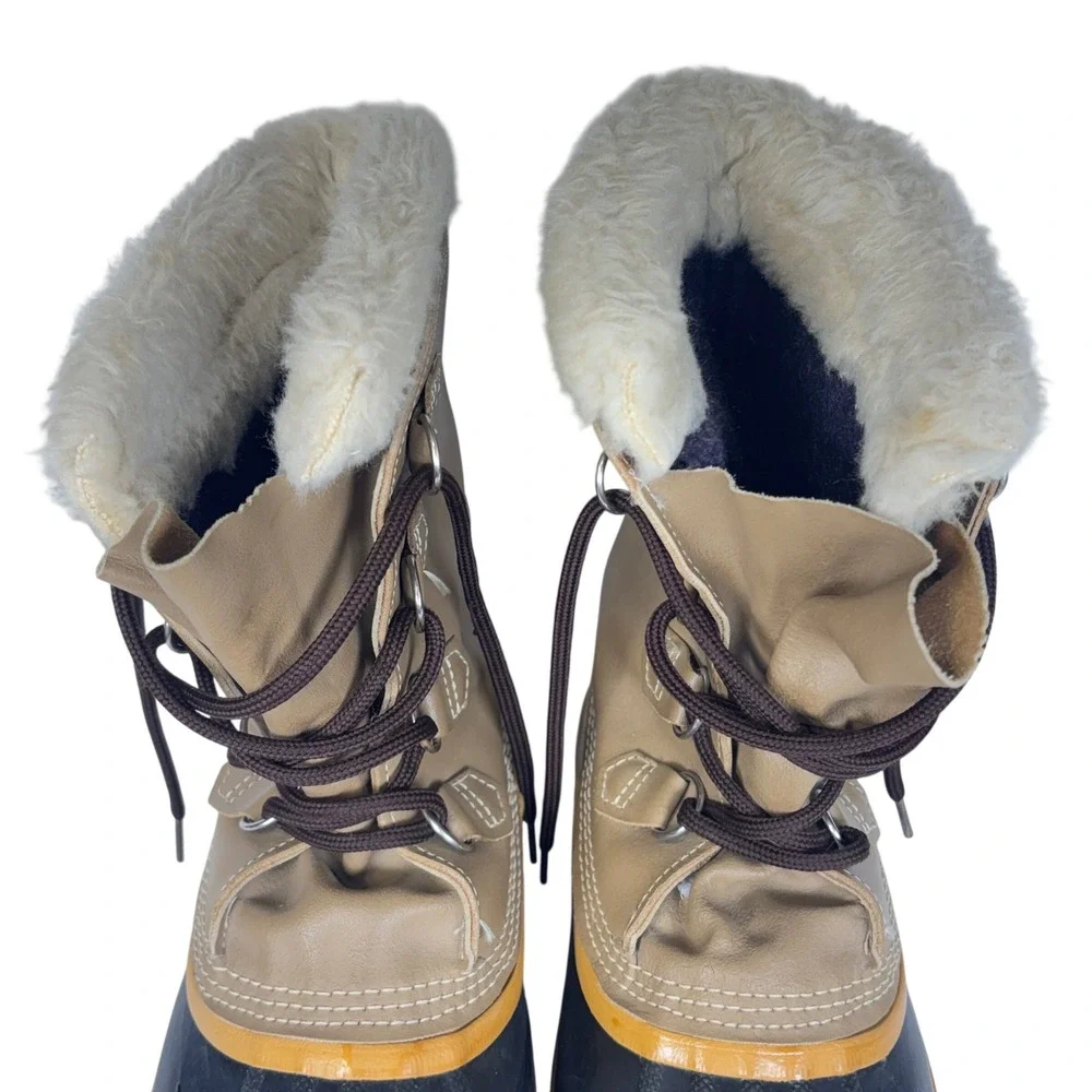 Sorel Snow Boots Tan Brown Leather Heavy Duty Rubber Faux Fur Winter Mens 9